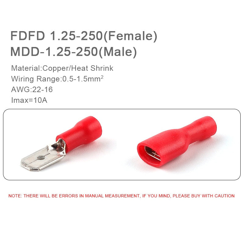 50PCS FDD/MDD 6.3mm Terminal Red Blue Yellow Female Male Spade Insulated Electrical Crimp Terminal Connectors Wiring Cable Plug