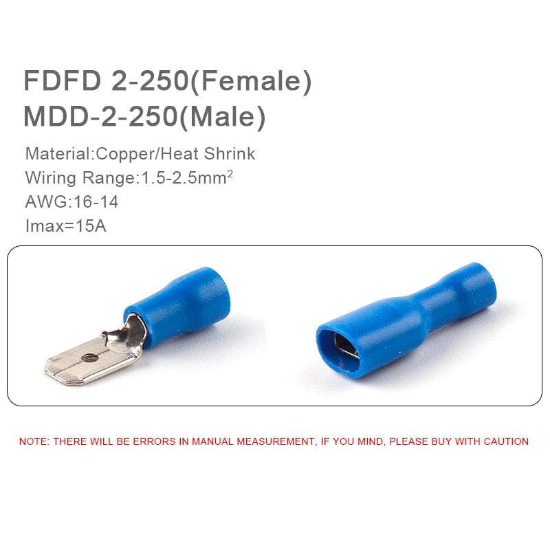 50PCS FDD/MDD 6.3mm Terminal Red Blue Yellow Female Male Spade Insulated Electrical Crimp Terminal Connectors Wiring Cable Plug