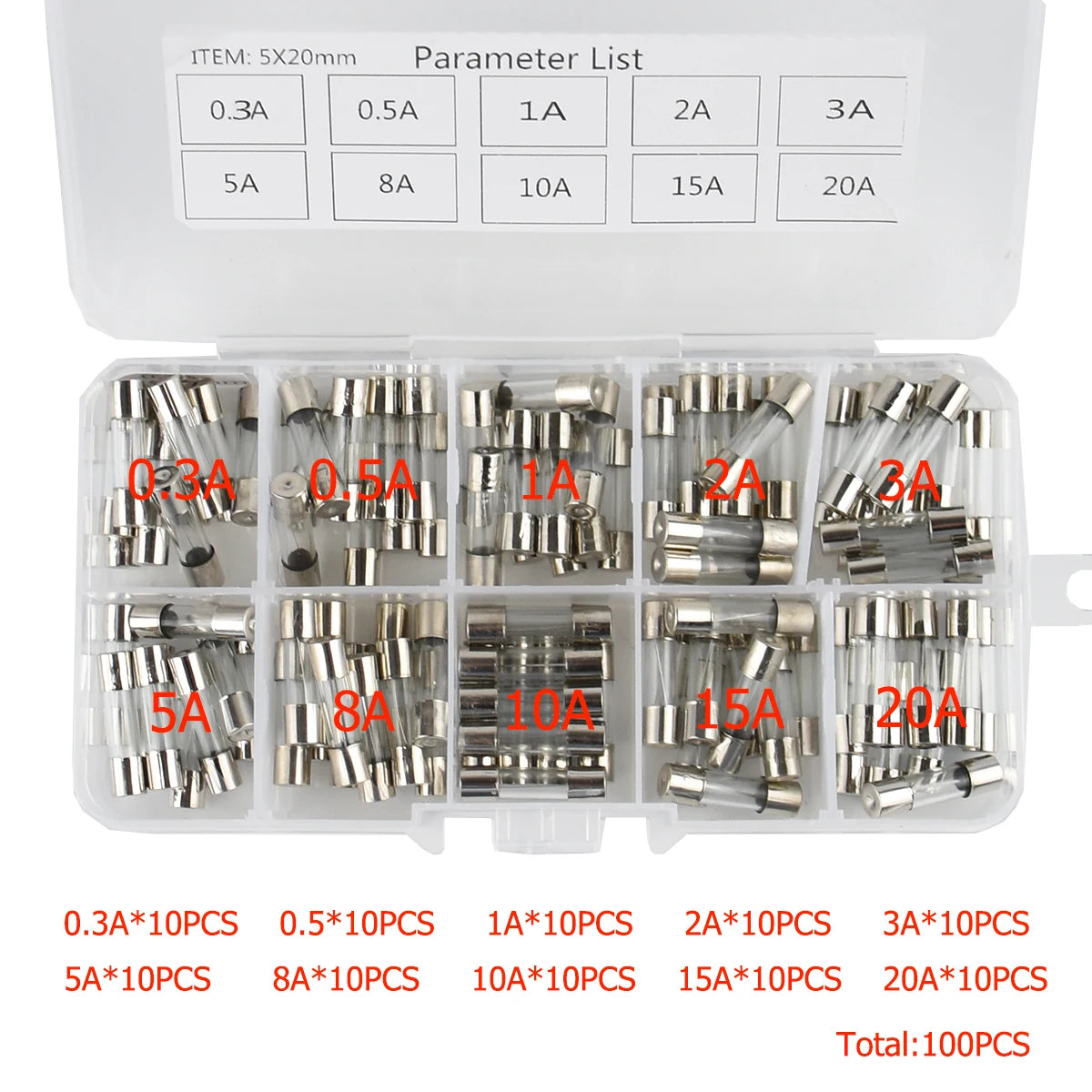 100Pcs Set 5x20mm Quick Blow Glass Tube Fuse Suit combined Assorted Kits, Fast-blow Glass Fuses 0.3A0.5A 1A 2A 3A 5A 8A 10A 15A 20A