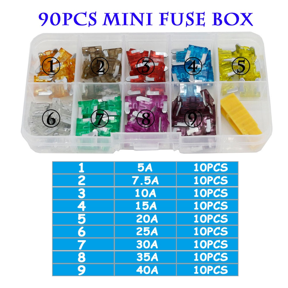 90/45PCS Car Fuse 5/7.5/10/15/20/25/30/35/40A Mini/Small/Medium 32V Automotive Blade Type Zinc alloy Fuse with Box Clip