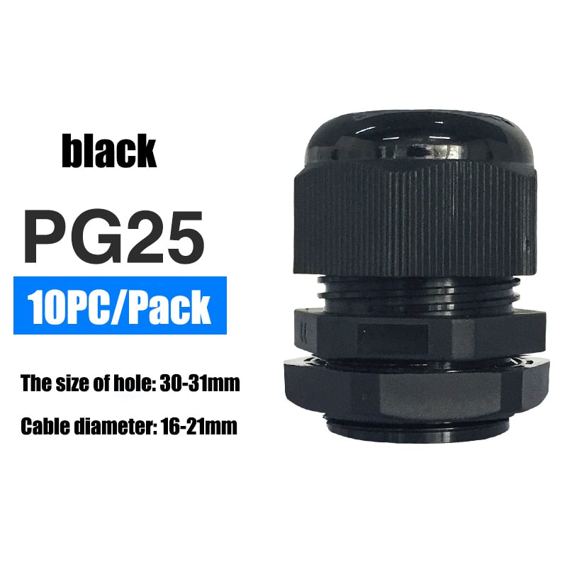 Waterproof IP68 Cable Gland 10pcs Cable Entry PG7 for 3-6.5mm PG9 PG11 PG13.5 PG16 PG19/21/ White Black Nylon Plastic Connector