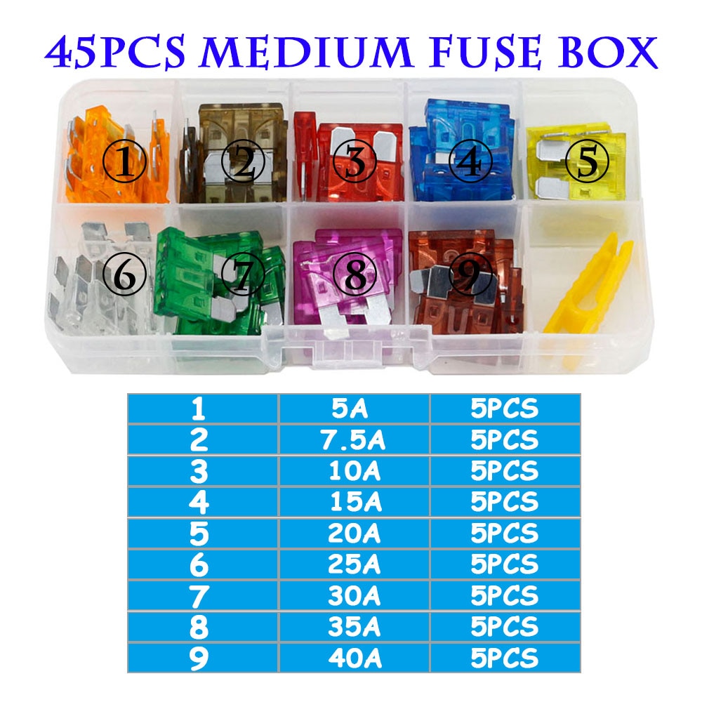 90/45PCS Car Fuse 5/7.5/10/15/20/25/30/35/40A Mini/Small/Medium 32V Automotive Blade Type Zinc alloy Fuse with Box Clip