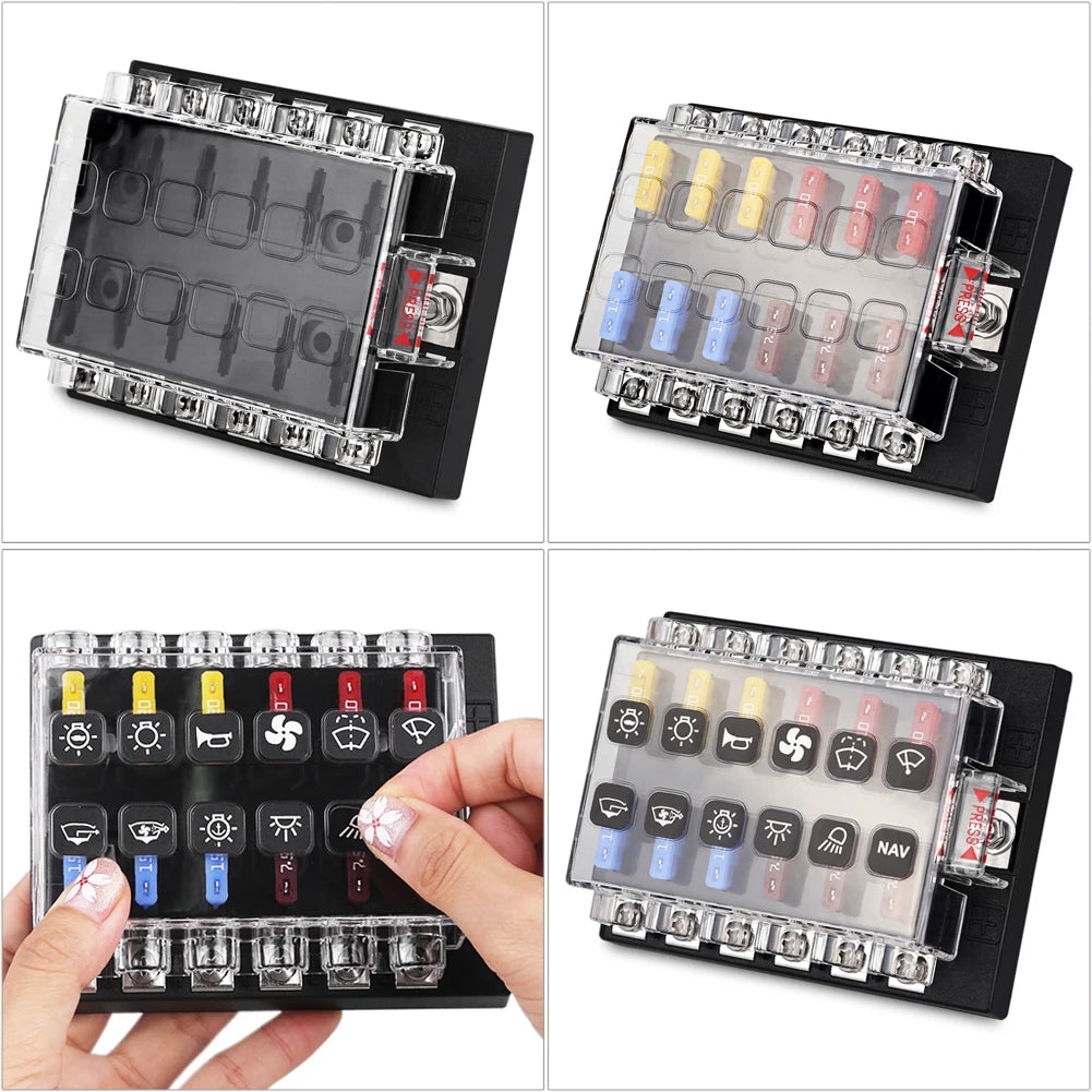 12 Way Car Marine Boat 12V 24V Fuse Box Blade Base Fuse Block Holder Screw Nut Terminal Free Fuses LED Indicator Waterpoof Cover