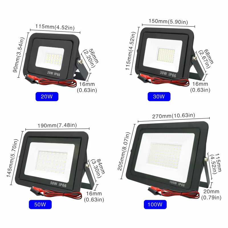 DC12V Led Flood Light 20W 30W 50W 100W Outdoor Floodlight Spotlight IP66 Waterproof Light Reflector Portable 12 Volt Led Lights