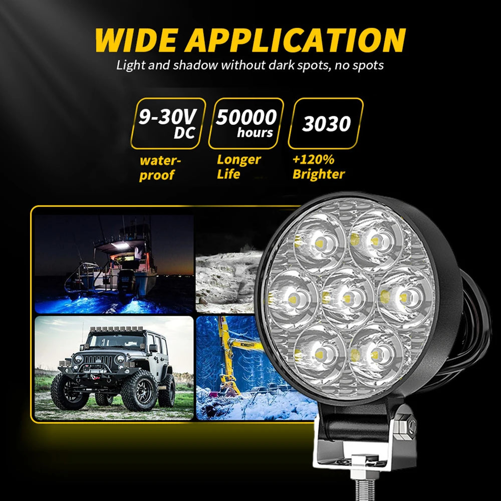 12/24V Round LED Work Light Spot Lamp Offroad Truck Tractor Boat SUV UTE 8000LM 6500K Driving Lamp Car Accessories