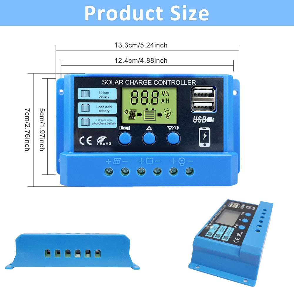 10A 20A 30A Solar Charge Controller 12V 24V Solar Panel PV Controller 50VDC For Lifepo4 Lithium Lead Acid Battery