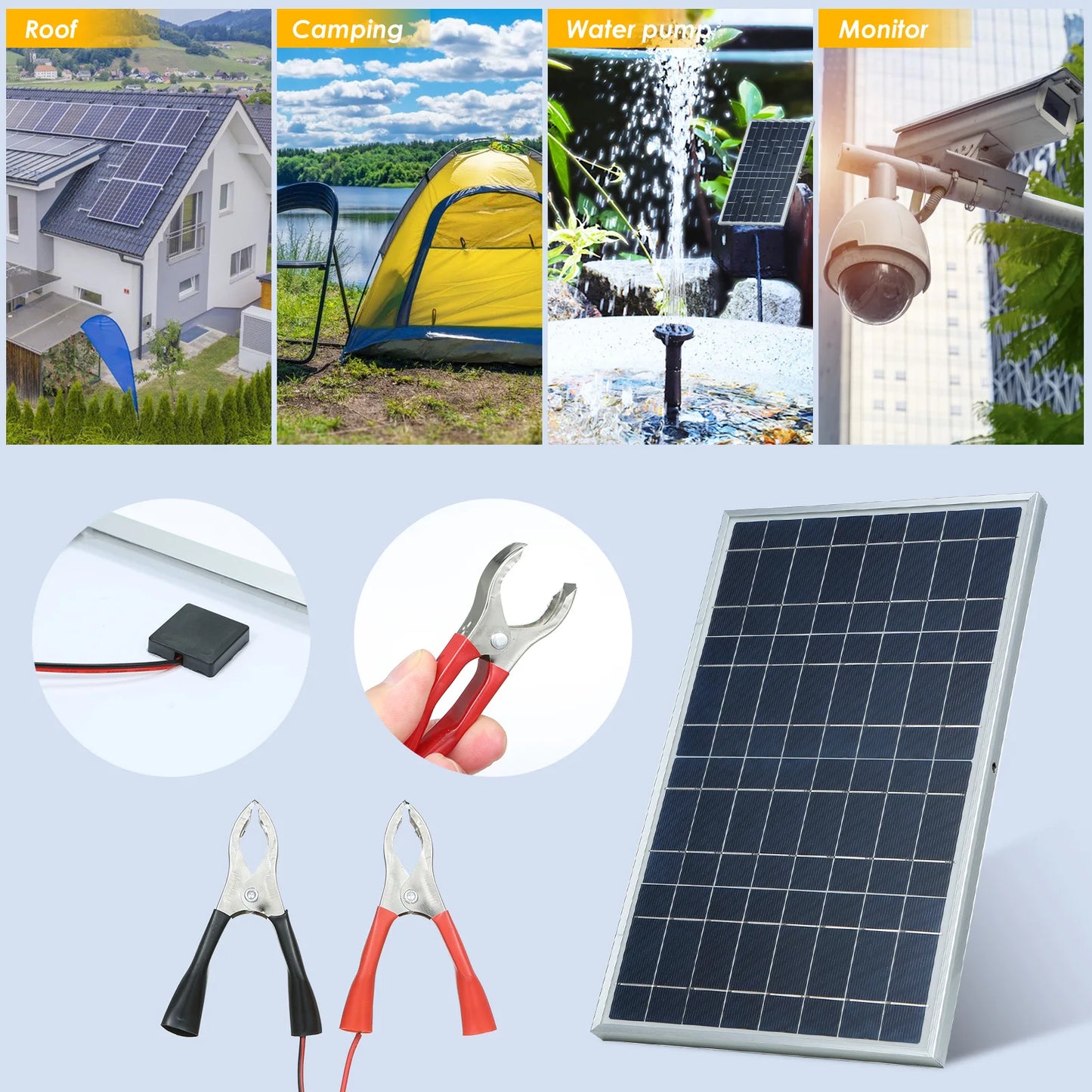 1 Pcs Solar Panel 15W DC 12V Kit with Alligator Clip IP65 Waterproof for Home Indoor Outdoor Portable Solar Charger