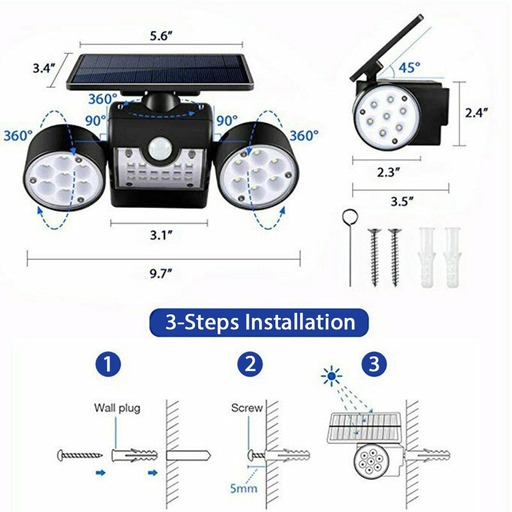 WAKYME 30 LED Solar Light Waterproof PIR Motion Sensor Wall Lamp Solar Powered Adjustable Angle Dual Head Garden Spotlight