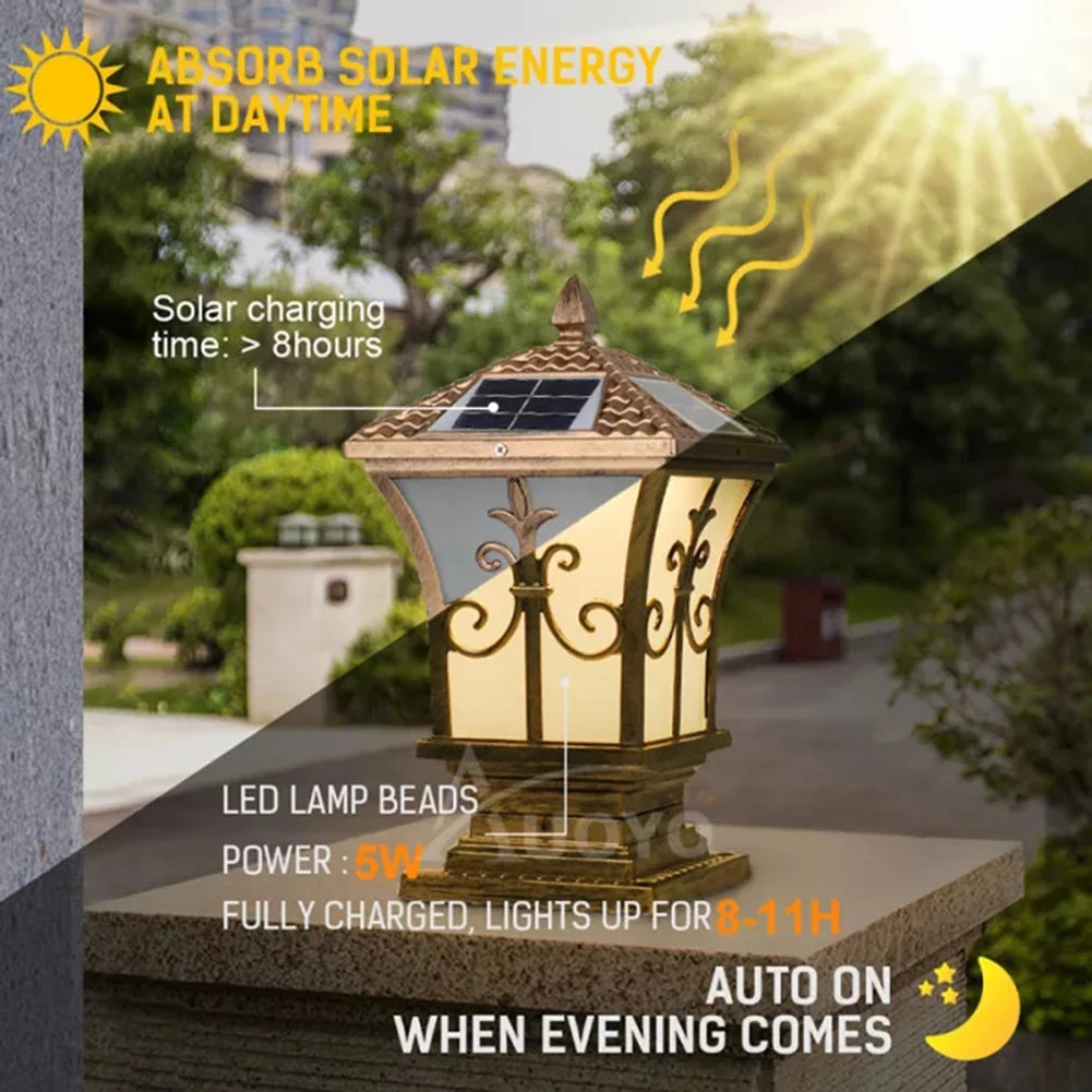 LED Solar Pillar Light Remote Control Retro Lantern Waterproof Outdoor Porch Column Lamp Night Light Garden Fence Decoration