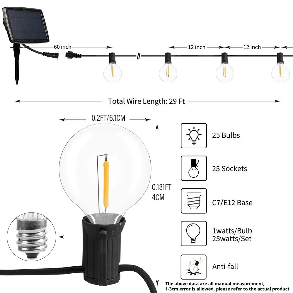 Solar Lights Outdoor G40 Garden String Lights USB Rechargeable Waterproof Outdoor Decoration Lights For Terrace Christmas