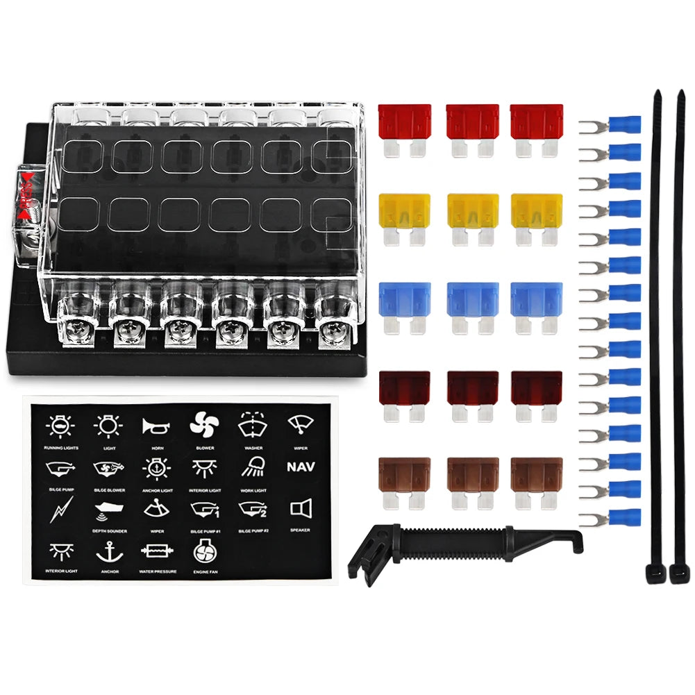 12 Way Car Marine Boat 12V 24V Fuse Box Blade Base Fuse Block Holder Screw Nut Terminal Free Fuses LED Indicator Waterpoof Cover