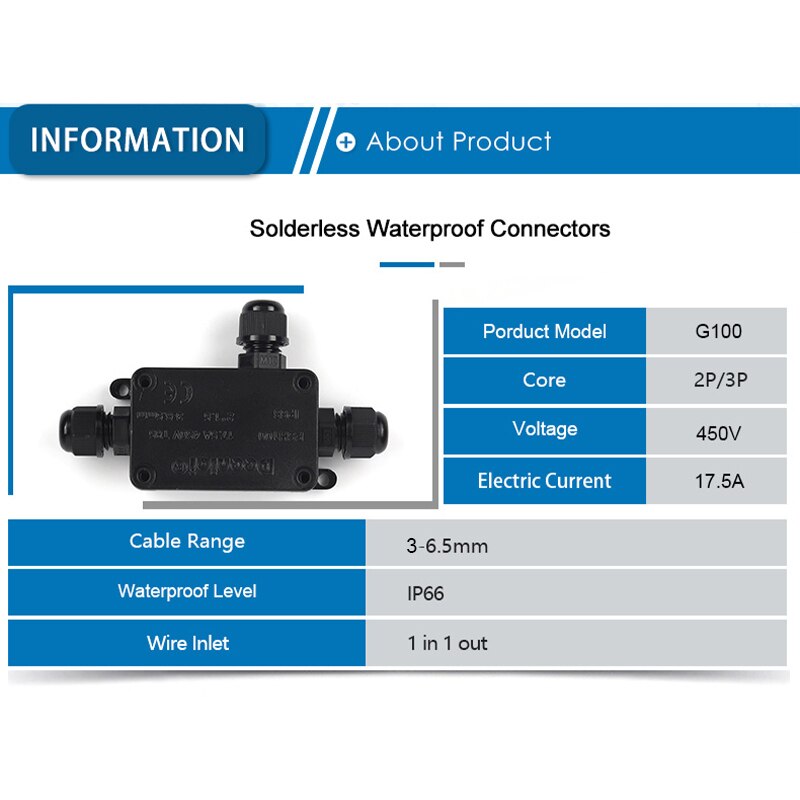 IP66 Waterproof Junction Box 2 Way 3 Way 3mm-6.5mm Outdoor LED Cable Connector Sealed Retardant Electrical Outdoor Waterproof Box