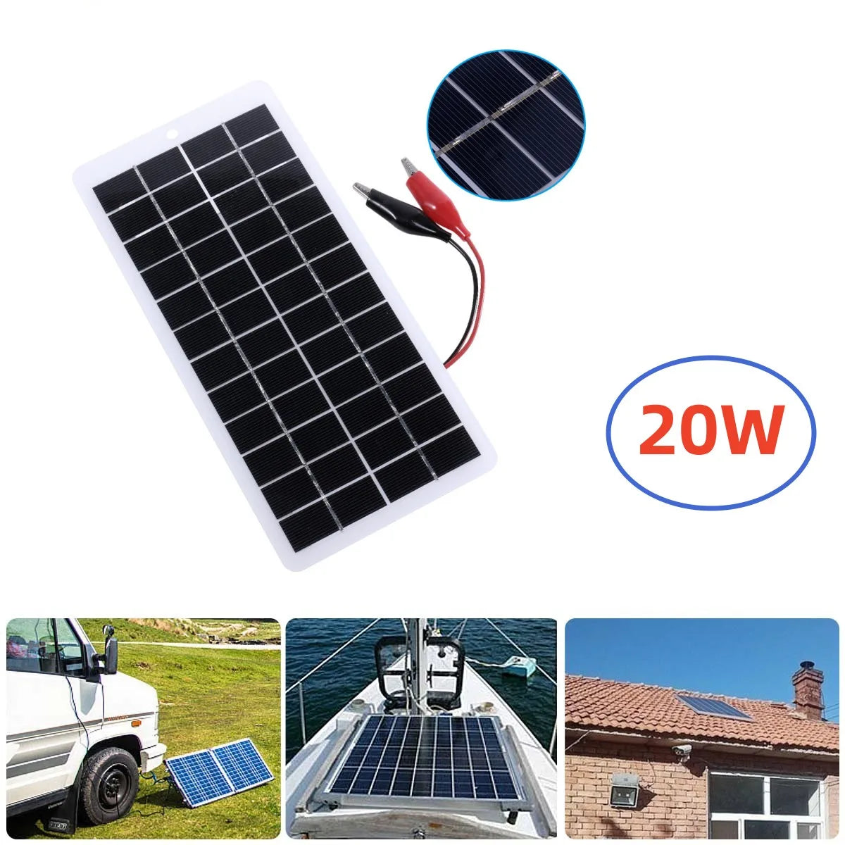 20W 12V Solar Panel Polysilicon Solar Panel Portable Solar Cell Solar Battery Charger Carabiner For Power Bank Outdoor Lamp Pump