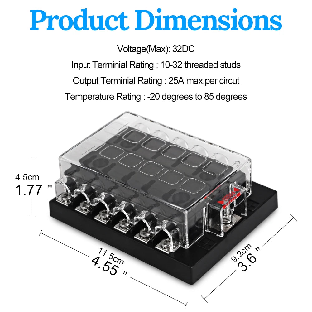 12 Way Car Marine Boat 12V 24V Fuse Box Blade Base Fuse Block Holder Screw Nut Terminal Free Fuses LED Indicator Waterpoof Cover