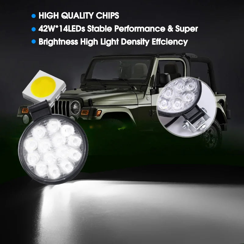 Car LED Round 42W 14LED Working Light Car Front Fog Light 12V 24V Headlight for Truck SUV Tractor Off-road High Brightness