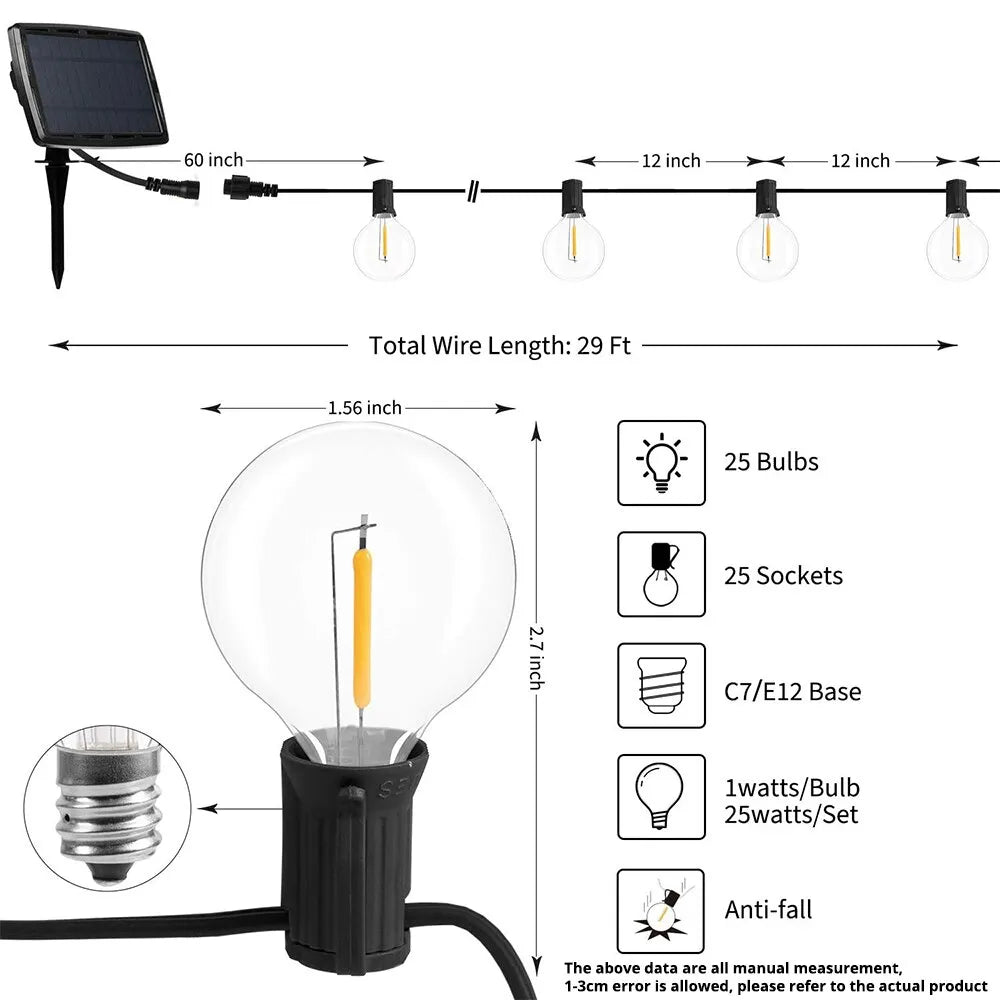 Solar Lights Outdoor G40 Garden String Lights USB Rechargeable Waterproof Outdoor Decoration Lights For Terrace Christmas