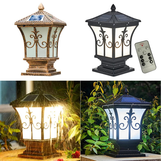 LED Solar Pillar Light Remote Control Retro Lantern Waterproof Outdoor Porch Column Lamp Night Light Garden Fence Decoration