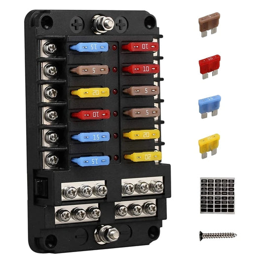 12V 12 Way Marine Fuse Block Fuse Panel With Ground & 12 Volt Fuse Box For Car Automotive Boat RV RZR-A45K