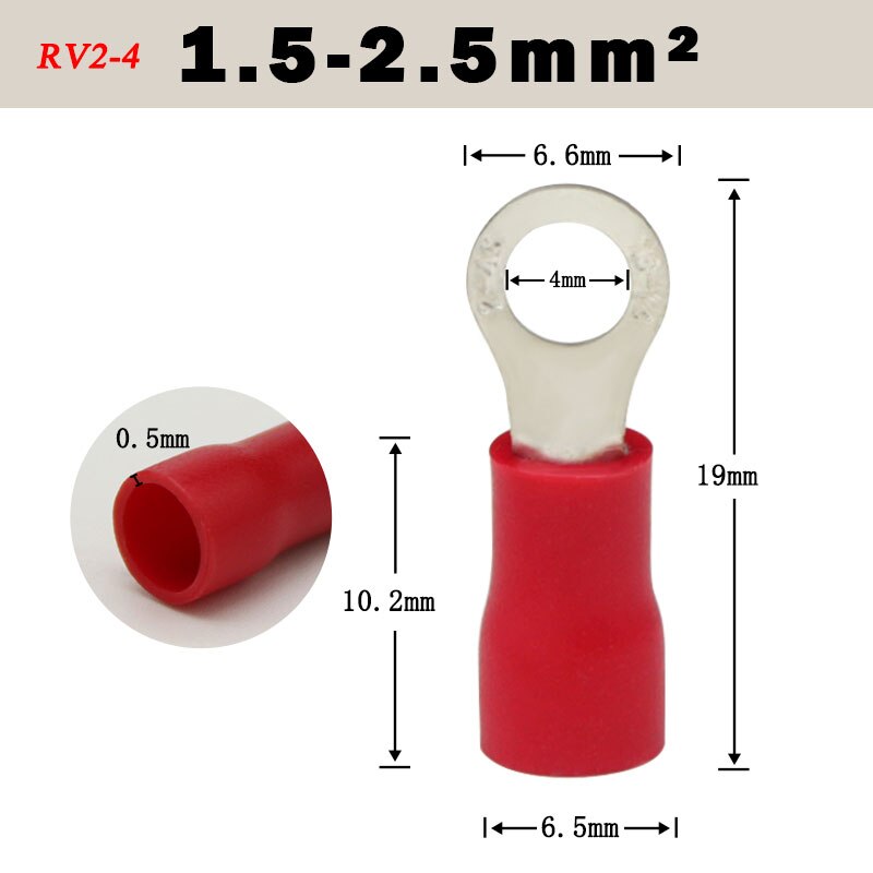 50Pcs RV1.25-4 RV2-3 RV2-4 RV3.5-4 RV5.5-4 Wire Terminal Crimp Splice PVC Insulation Circular Round Cold Press Cable End Connect