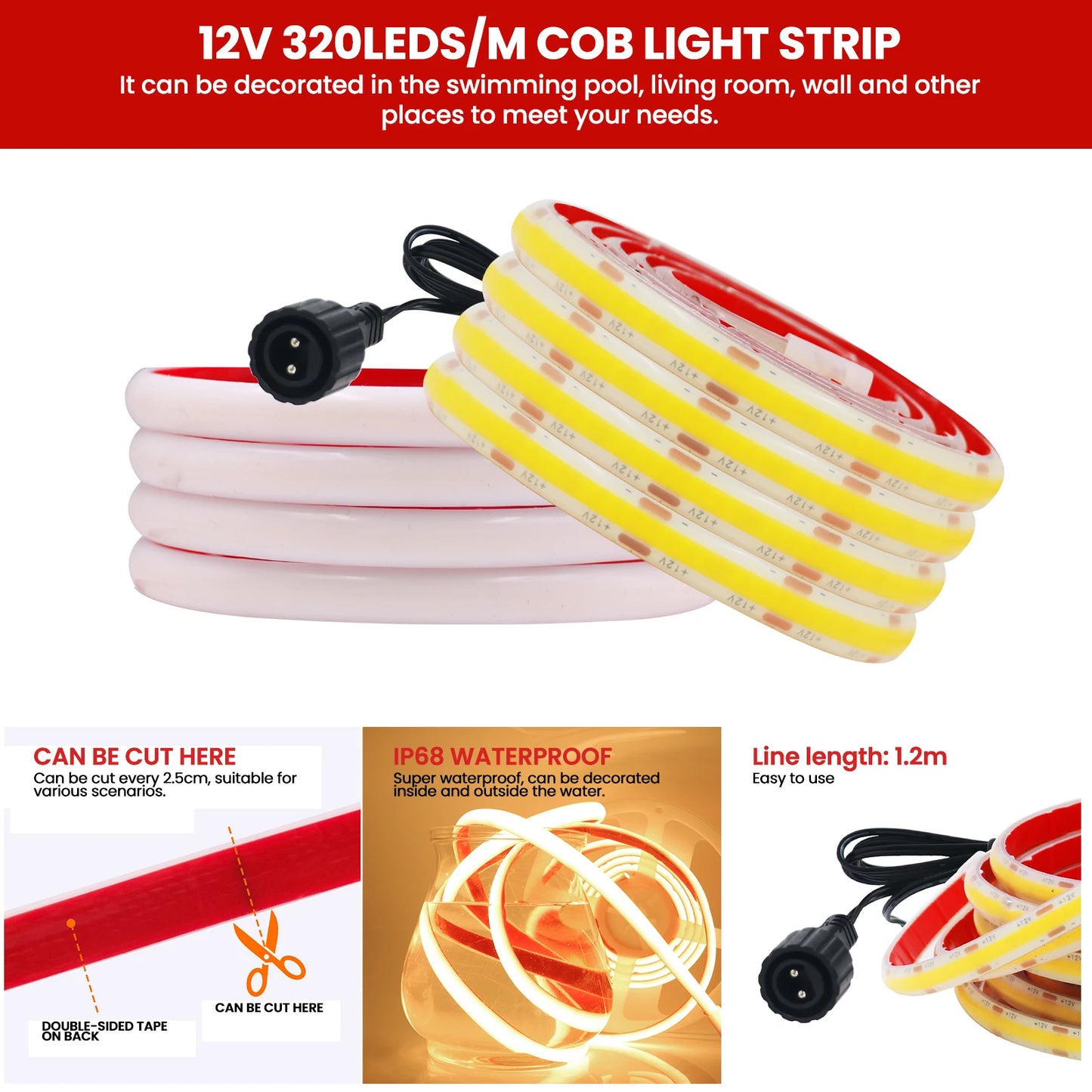 12V COB Solar Strip Light Outdoor IP68 Underwater Flexible Tube Rope Tape Lamp Ribbon 320LEDs/M Linear Lighting For  Swim Pools