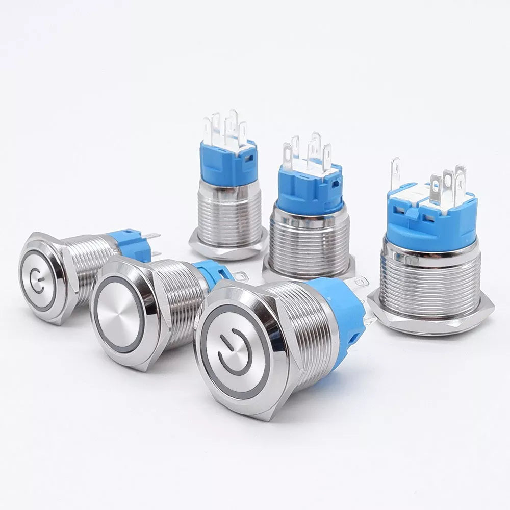 5 pcs Metal Push Button Switch 12v 16mm 19mm 22mm Ring Lamp Power Symbol Waterproof LED Light Self lock reset with connector 220 - Free Shipping