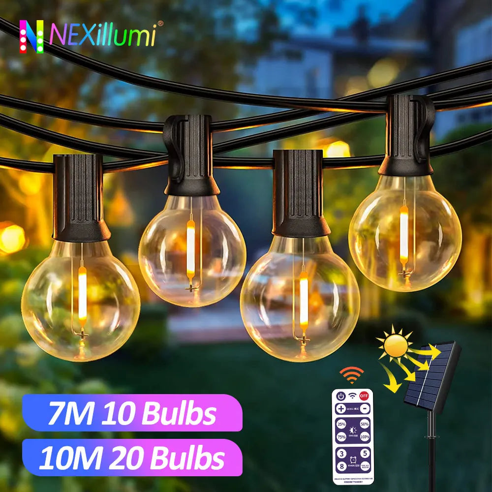 Solar String Lights Outdoor G40 Patio Lights,USB Recharger, 8Light Mode ,Shatterproof Bulbs , Weatherproof Hanging Light