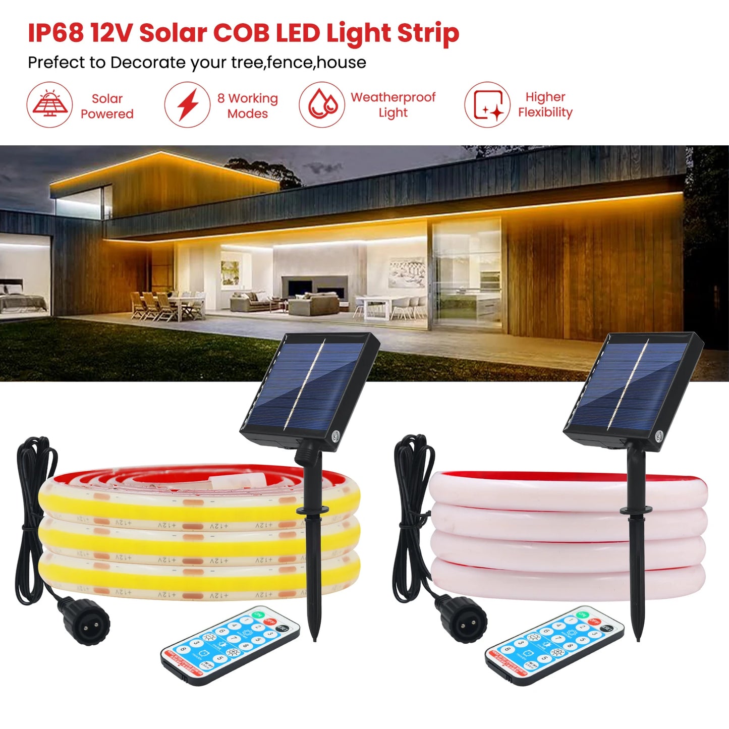 12V COB Solar Strip Light Outdoor IP68 Underwater Flexible Tube Rope Tape Lamp Ribbon 320LEDs/M Linear Lighting For  Swim Pools