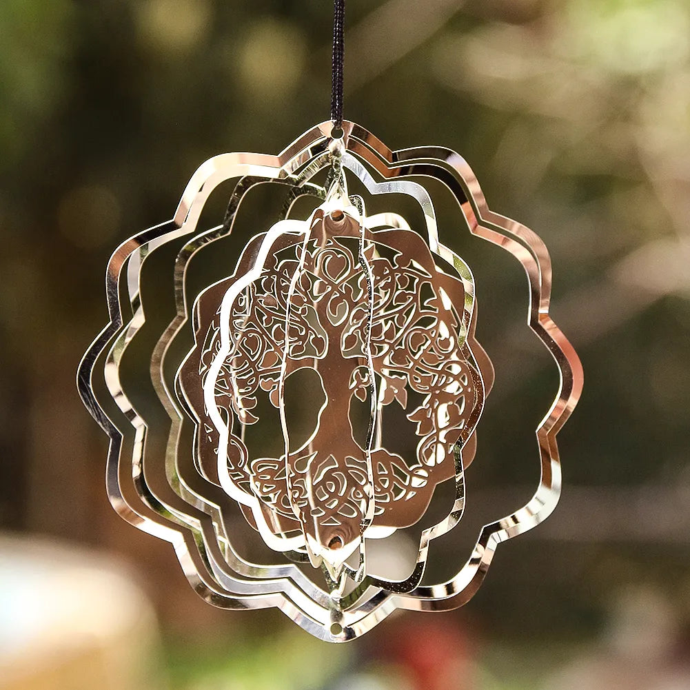 Tree of Life Wind Spinner Catcher 3D Rotating Pendant Flowing-Light Effect Mirror Reflection Design Garden Outdoor Hanging Decor