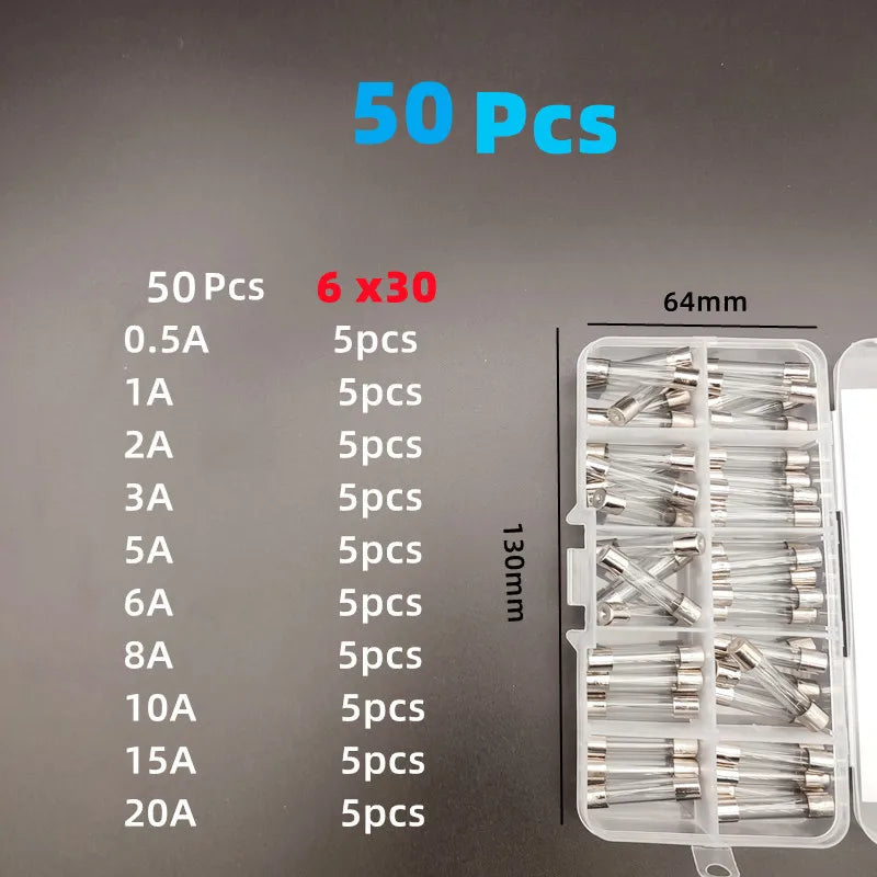 50/100 PCS Boxed,Fast Blow Glass Fuse Tube,250V,5*20-6*30,0.2/0.5/1/2/3/4/5/6/8/10/15/20/25/30A,Electroniccomponent