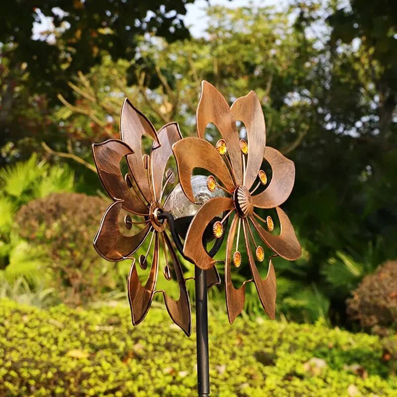 Large Metal Vintage Windmill Garden Landscape Decor Courtyard Lawn Solar Light & 3D Flower Shape Wind Spinners