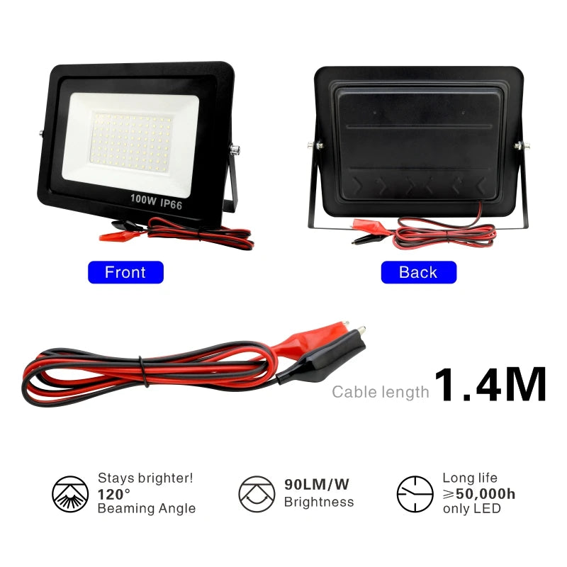 DC12V Led Flood Light 20W 30W 50W 100W Outdoor Floodlight Spotlight IP66 Waterproof Light Reflector Portable 12 Volt Led Lights