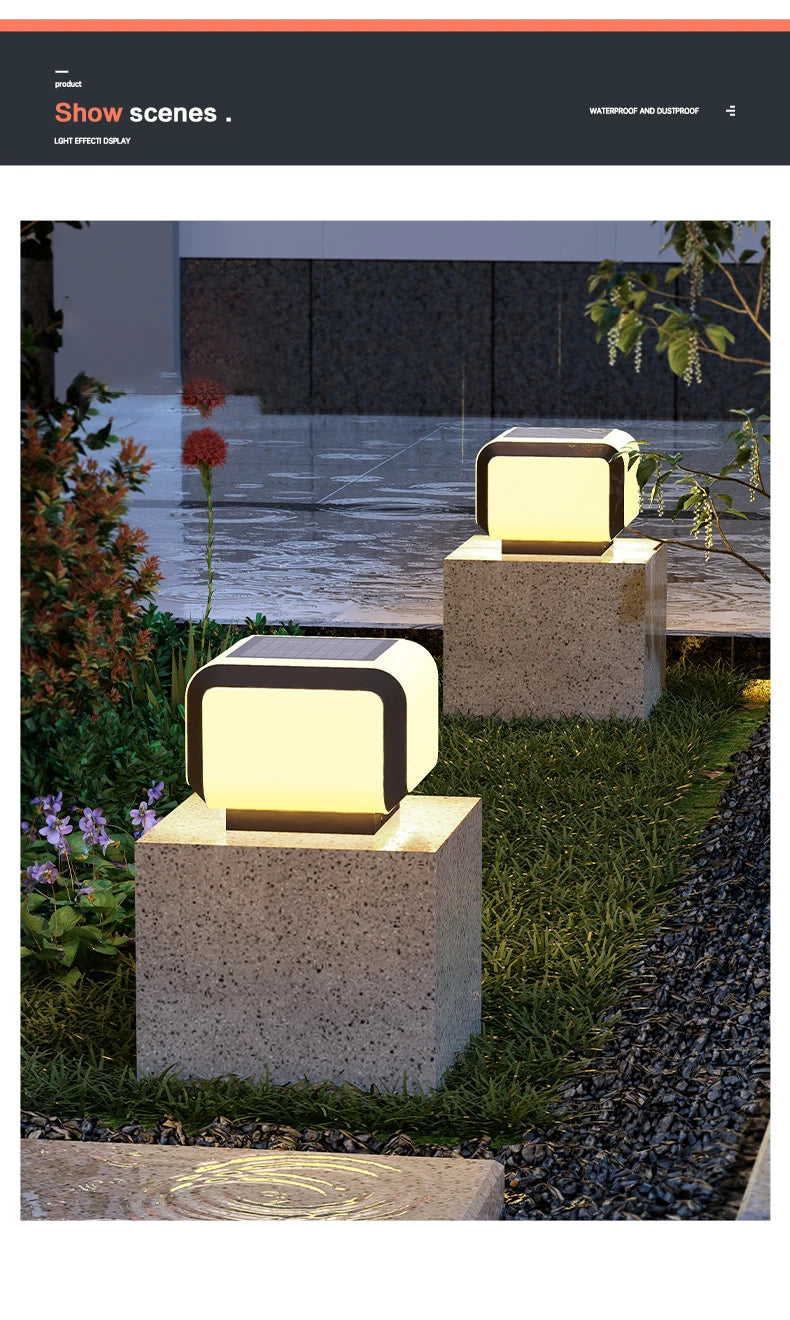 Solar Pillar Lights Outdoor Waterproof LED Wall Lamp Lighting Home Decor Solar Energy Square Lamp Villa Gate Garden Door Fence
