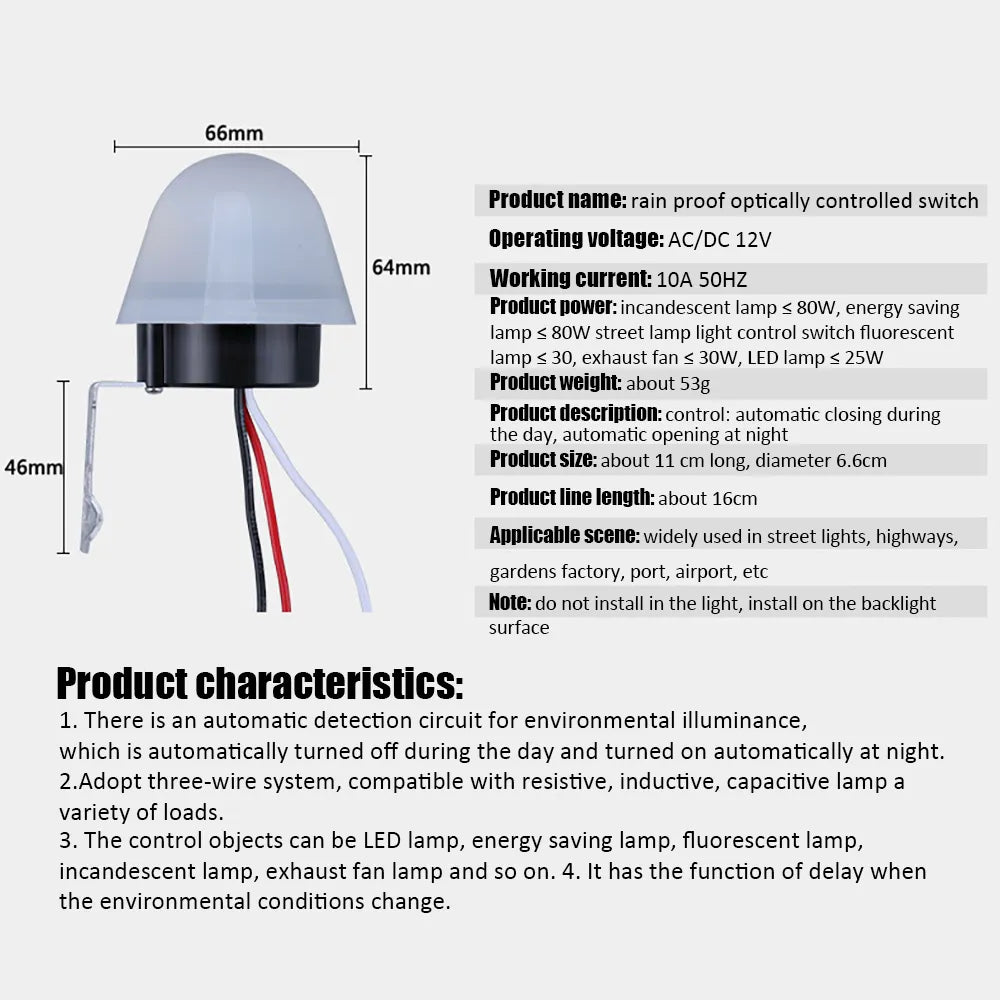 Automatic Sensor Switch Waterproof Photocell Street Light Switch 12V Photo Control Photo Sensor Switch