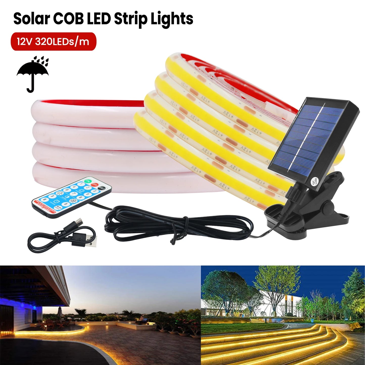 12V COB Solar Strip Light Outdoor IP68 Underwater Flexible Tube Rope Tape Lamp Ribbon 320LEDs/M Linear Lighting For  Swim Pools