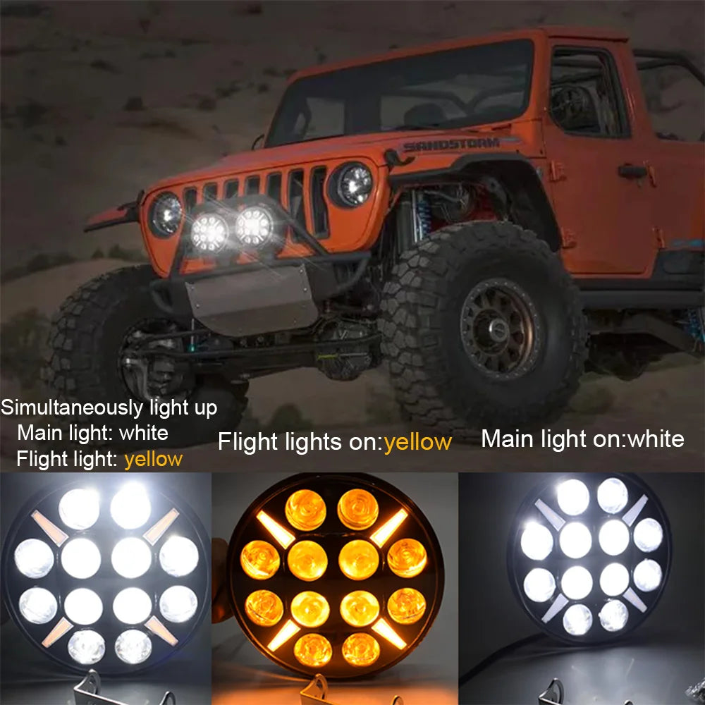 7" Round Off Road LED Lights Driving Truck Work Spotlight Headlight White Flash Turn signal light Yellow for ATV UTV Car Jeep