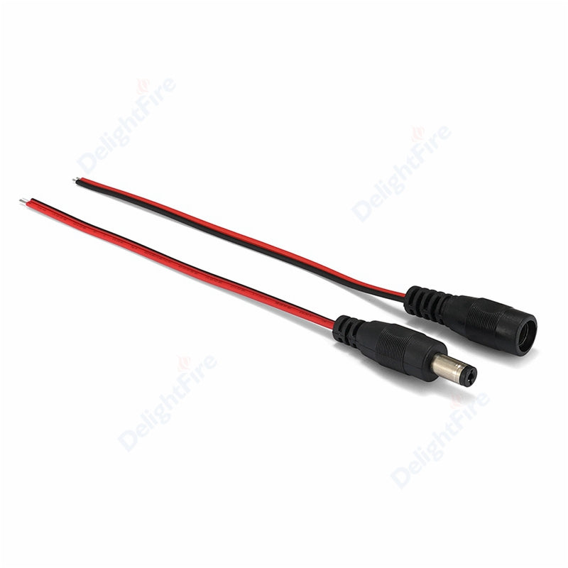 Barrel Jack Plug Cable Female Male 5.5mm 2.1mm (5V-12V DC). Female, Male: DC power connector cable wire. Cable type: 22AWG.  Outside Diameter: 5.5mm. Inside diameter: 2.1mm. Conductor Material: tinned copper. Insulation Material: PVC. Female cable length: 15cm. Male cable length: 15cm. 