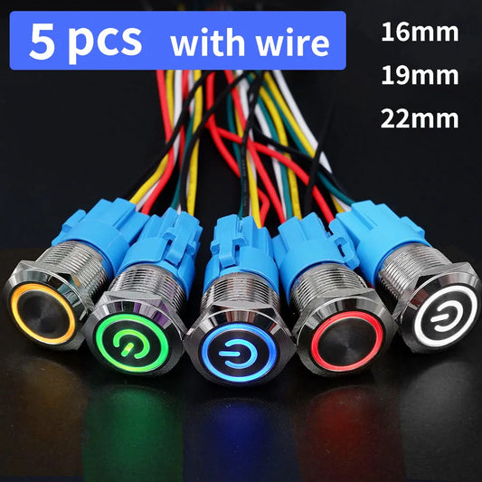 5 pcs Metal Push Button Switch 12v 16mm 19mm 22mm Ring Lamp Power Symbol Waterproof LED Light Self lock reset with connector 220 - Free Shipping