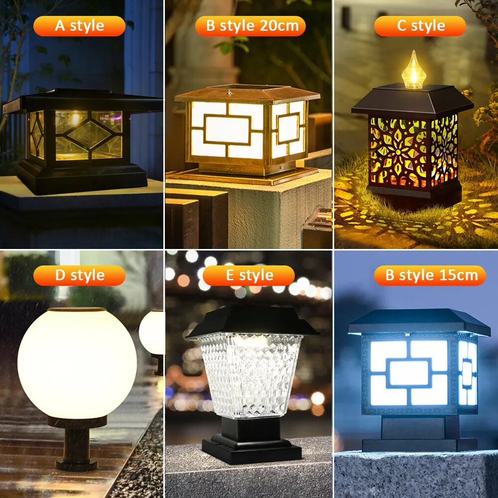 LED Solar Pillar Lantern Light Retro Lantern Waterproof Outdoor Column Head Night Light for Garden Fence Landscape Decoration