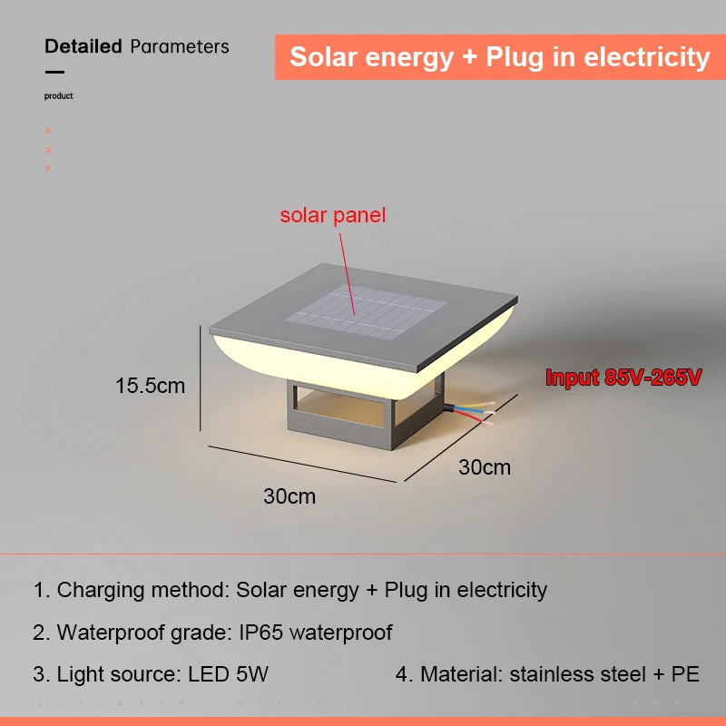 Solar Pillar Lights LED Wall Lamp Solar Energy Home Decor Lighting Outdoor Waterproof Fence Villa Gate Garden Door Courtyard