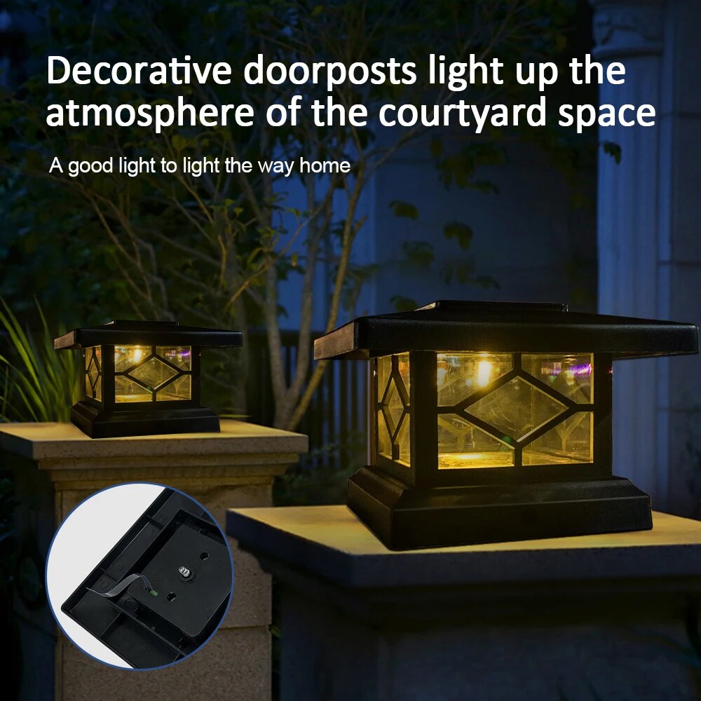 LED Solar Pillar Lantern Light Retro Lantern Waterproof Outdoor Column Head Night Light for Garden Fence Landscape Decoration