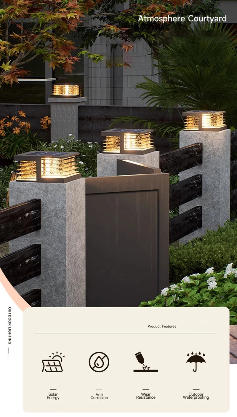 Solar Pillar Lights LED Wall Lamp Outdoor Waterproof Solar Energy Home Decor Lighting Fence Villa Gate Garden Door Courtyard