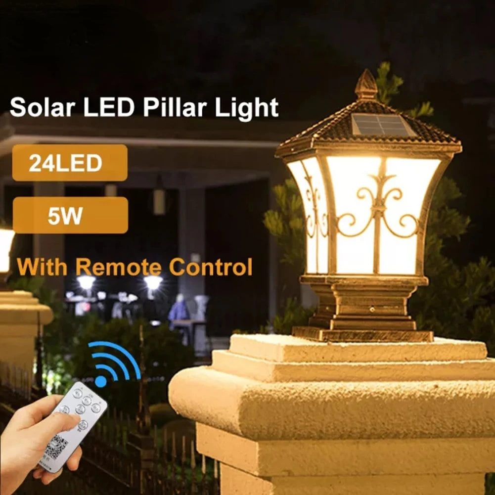 LED Solar Pillar Light Remote Control Retro Lantern Waterproof Outdoor Porch Column Lamp Night Light Garden Fence Decoration