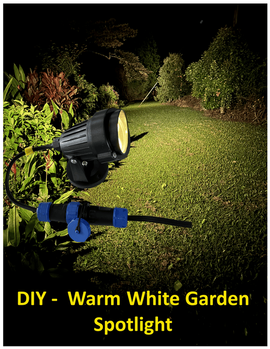 DIY - Warm White: Garden Spotlight 12V-DC, lawn Lamp, Waterproof Landscape lighting. Product Specifications: Power: 9W, Voltage: 12V DC, lumens: 100LM/W, Lead Wire 25cm Length. Working Temperature: -40C to +60C, Power Consumption: 5 Watts. This product requires an LED Driver / Transformer to operate the light.