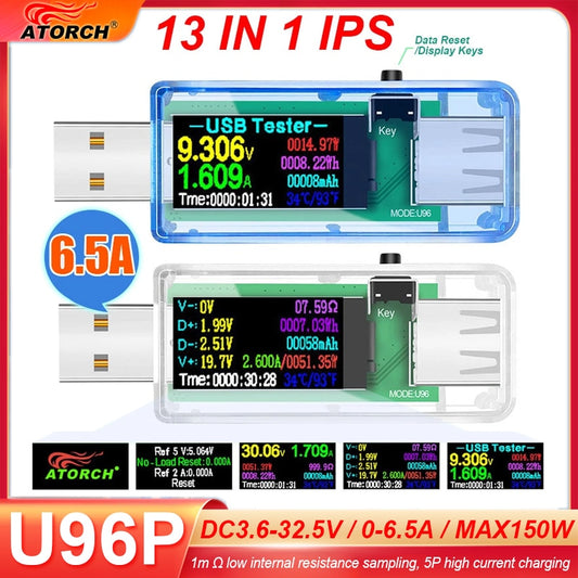 U96P 13 in 1 USB Tester Current Voltage Indicator Electric Ammeter Power Meter Charge DC Digital Multimeter Voltmeter Wattmeter