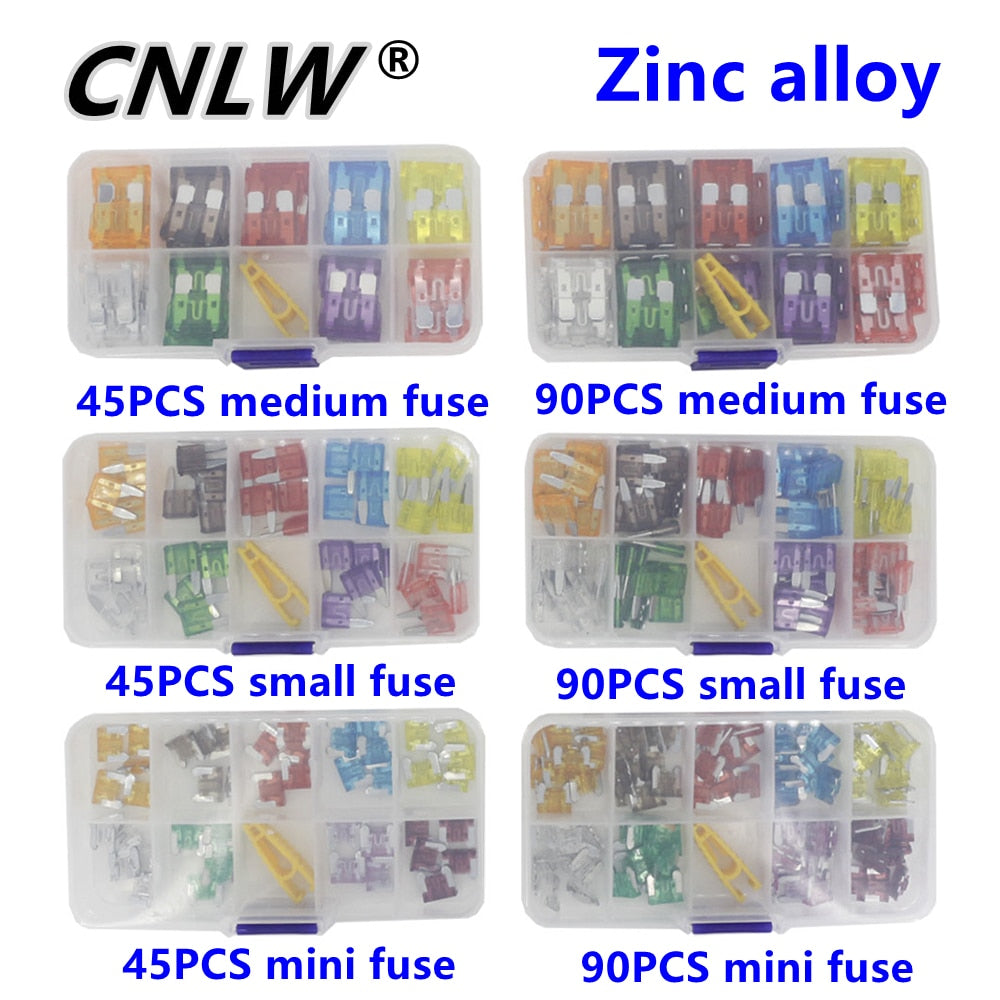 90/45PCS Car Fuse 5/7.5/10/15/20/25/30/35/40A Mini/Small/Medium 32V Automotive Blade Type Zinc alloy Fuse with Box Clip